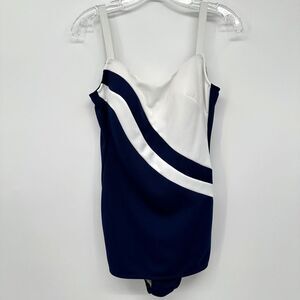Vintage 60s Swimsuit Size 12 Front Skirt Union‎ Label One Piece Blue White USA